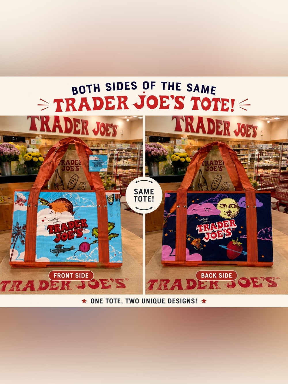 🛒✨ NEW Trader Joe’s Stand-Up Collapsible Grocery Tote Bag – Double-Sided Design